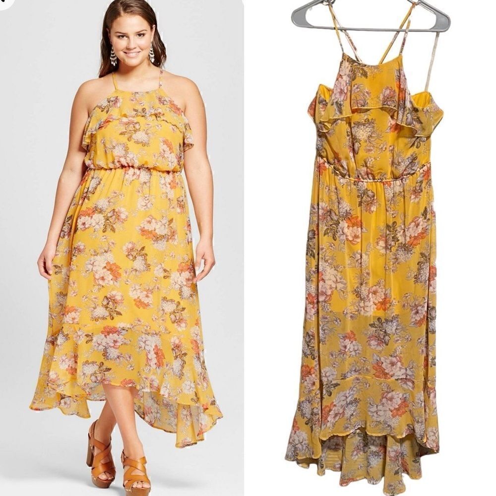 As U Wish- Women’s Yellow Floral High Low Dress, Size Large